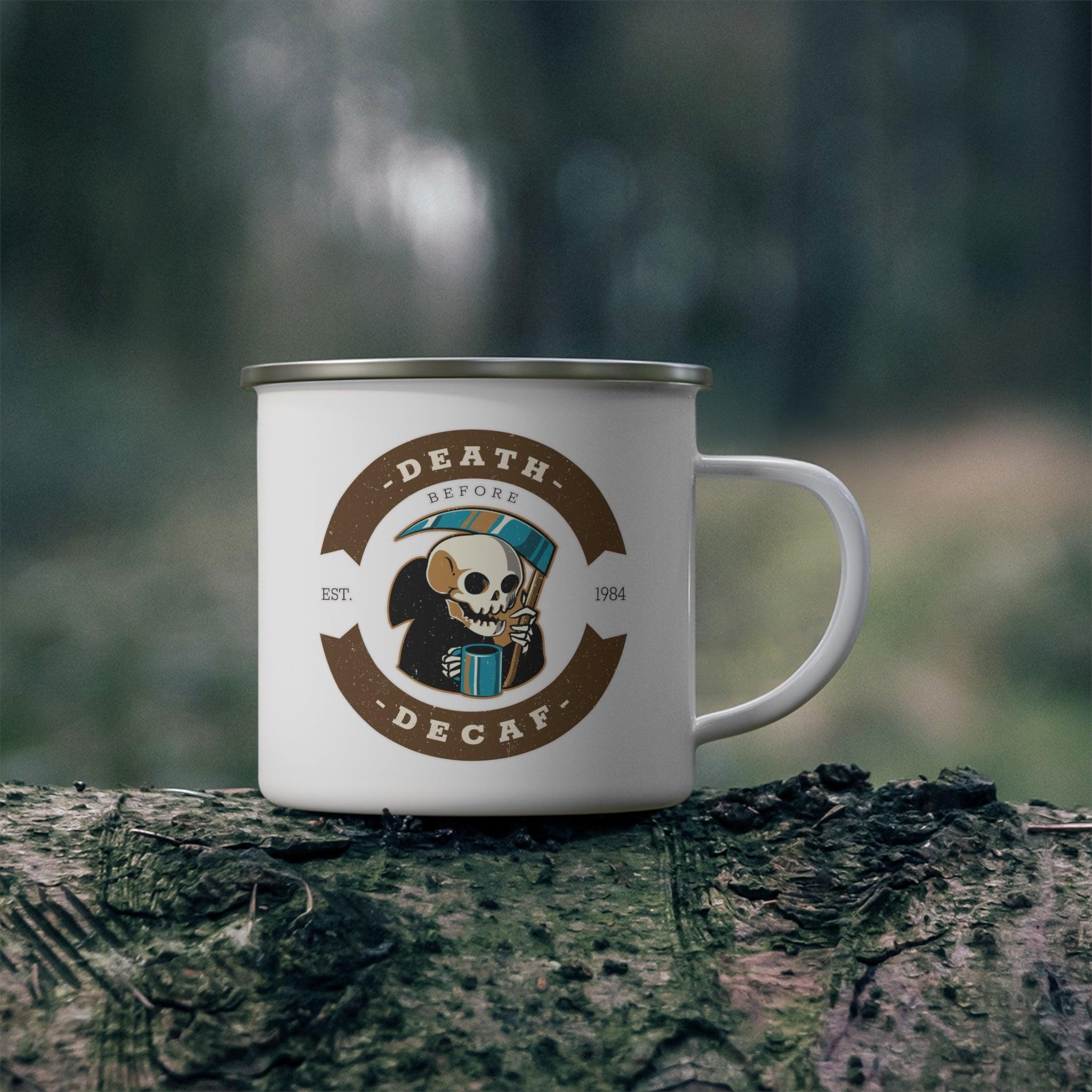 Death before decaf - Enamel Camping Coffee Cup - Witty Twisters Fashions