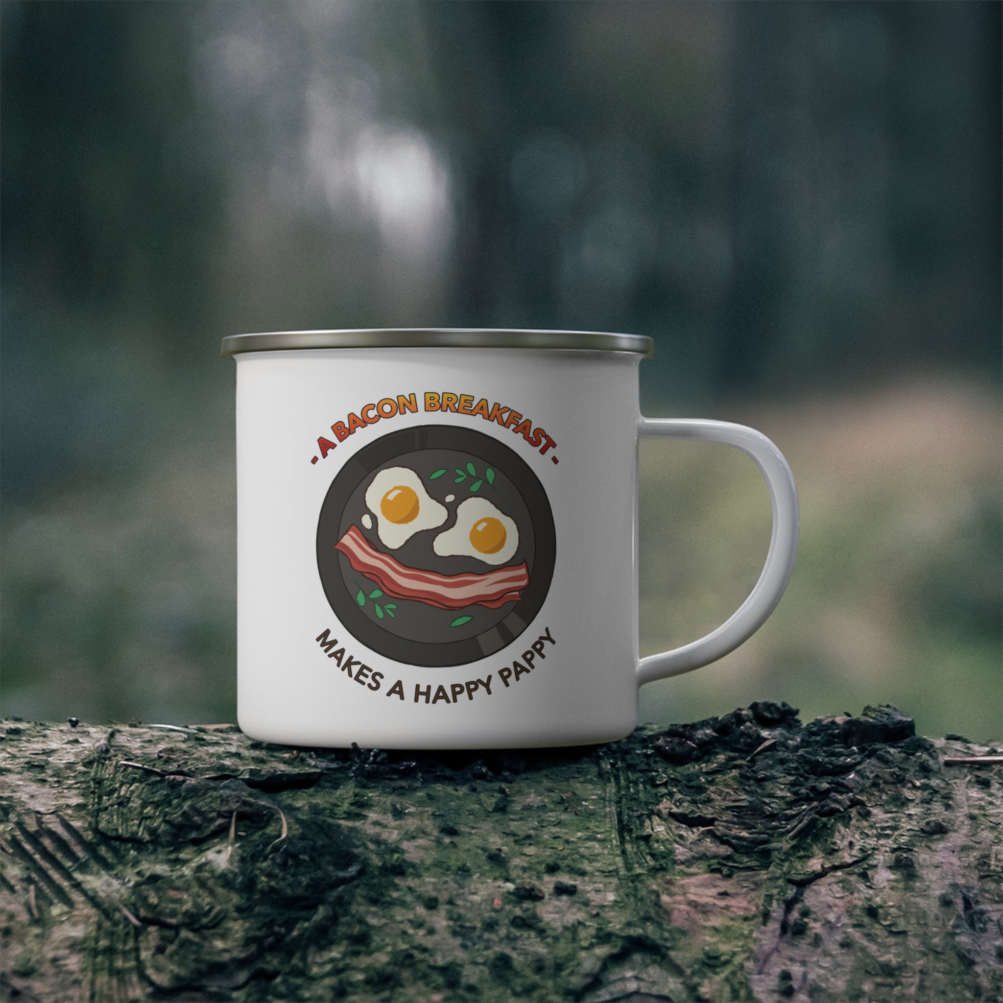 A bacon breakfast makes a happy pappy - Enamel Camping Coffee Cup