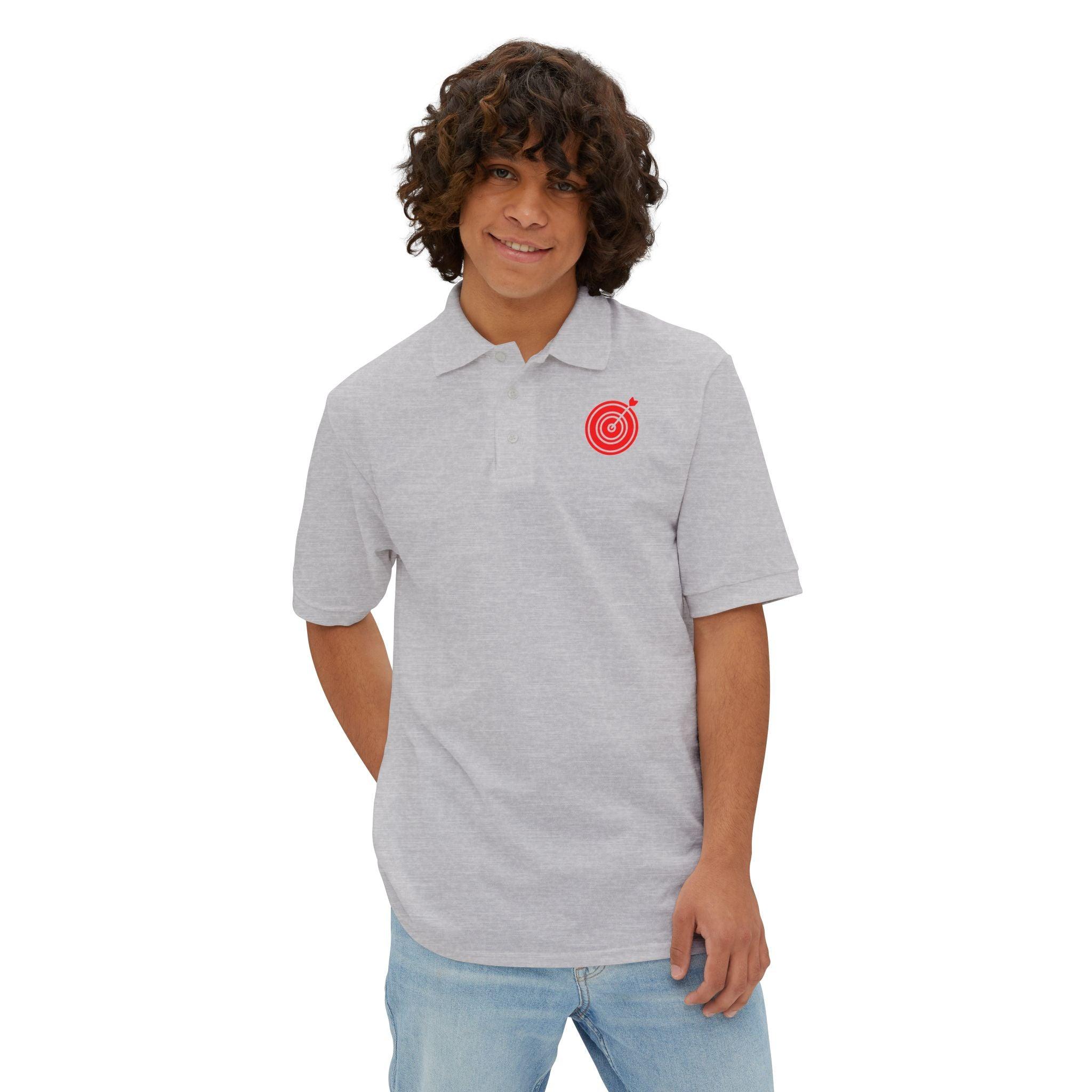 Target with arrow on back plus front pocket area - Men's Piqué Polo Shirt - Witty Twisters Fashions