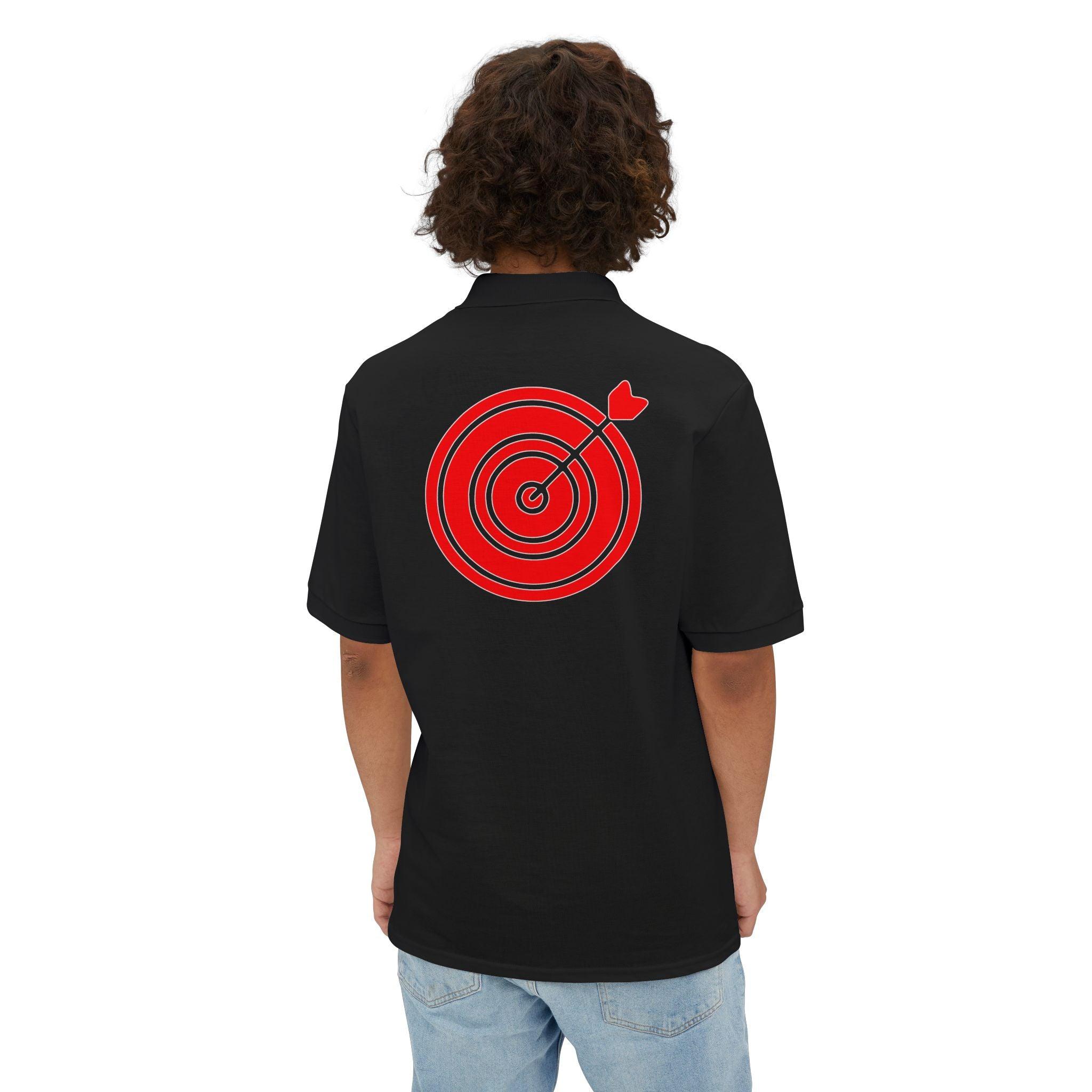 Target with arrow on back plus front pocket area - Men's Piqué Polo Shirt - Witty Twisters Fashions