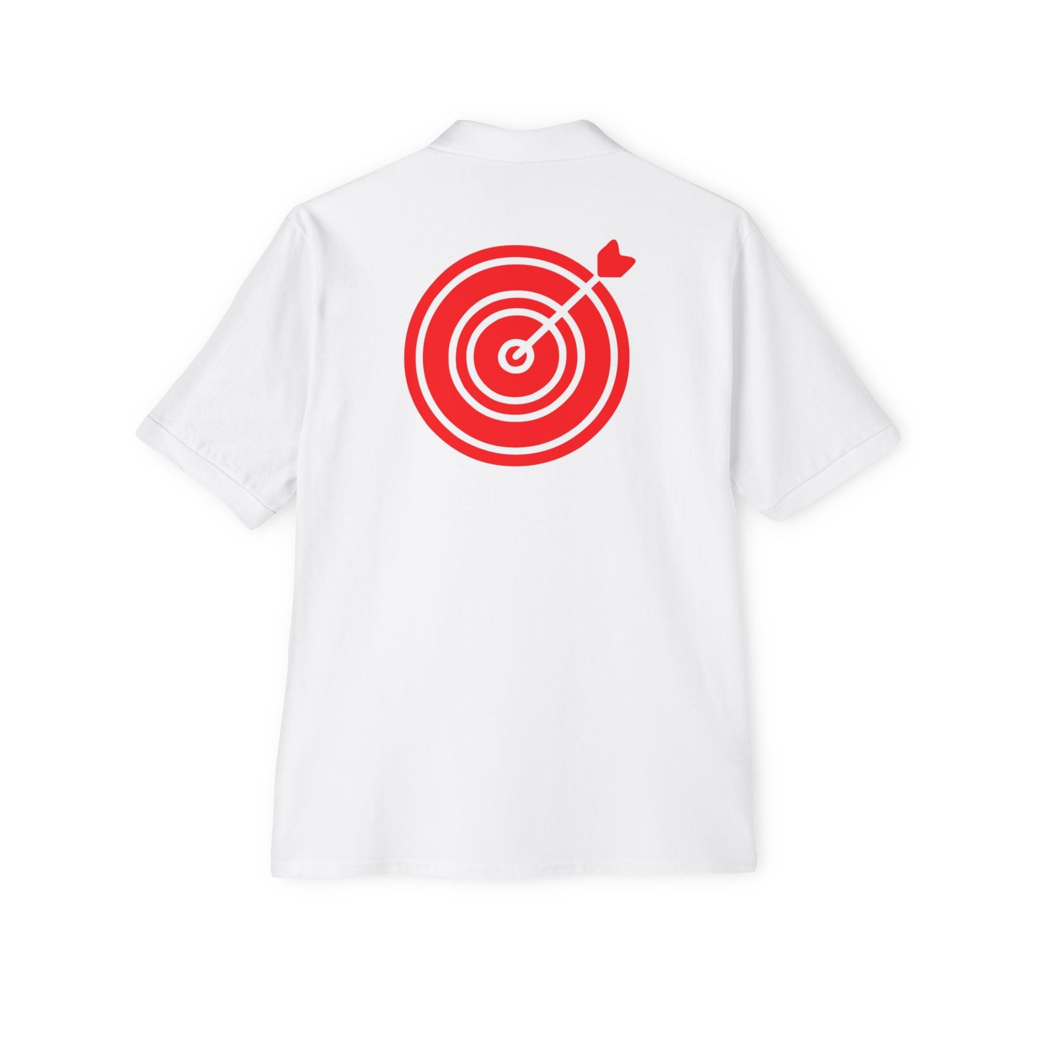 Target with arrow on back plus front pocket area - Men's Piqué Polo Shirt - Witty Twisters Fashions