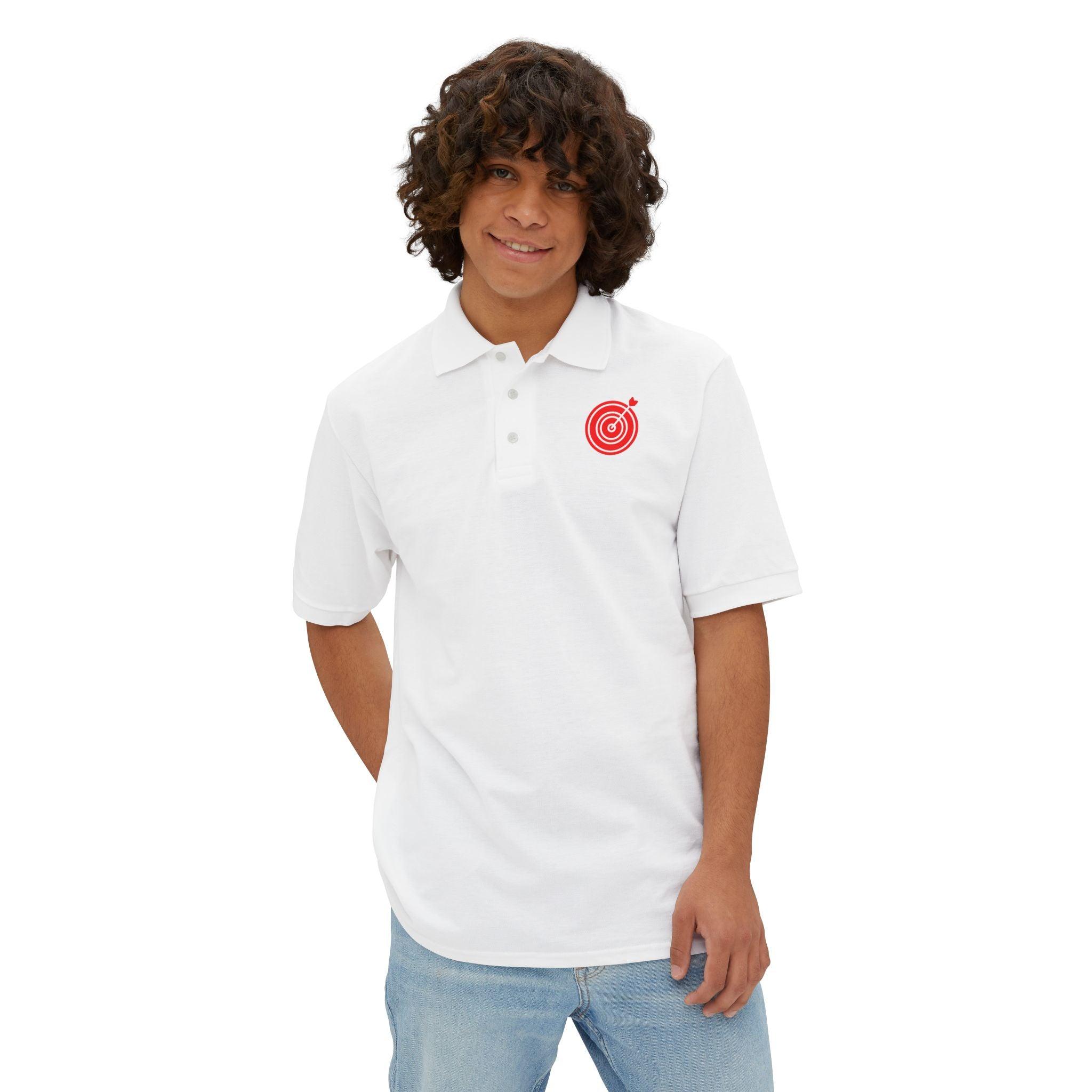 Target with arrow on back plus front pocket area - Men's Piqué Polo Shirt - Witty Twisters Fashions