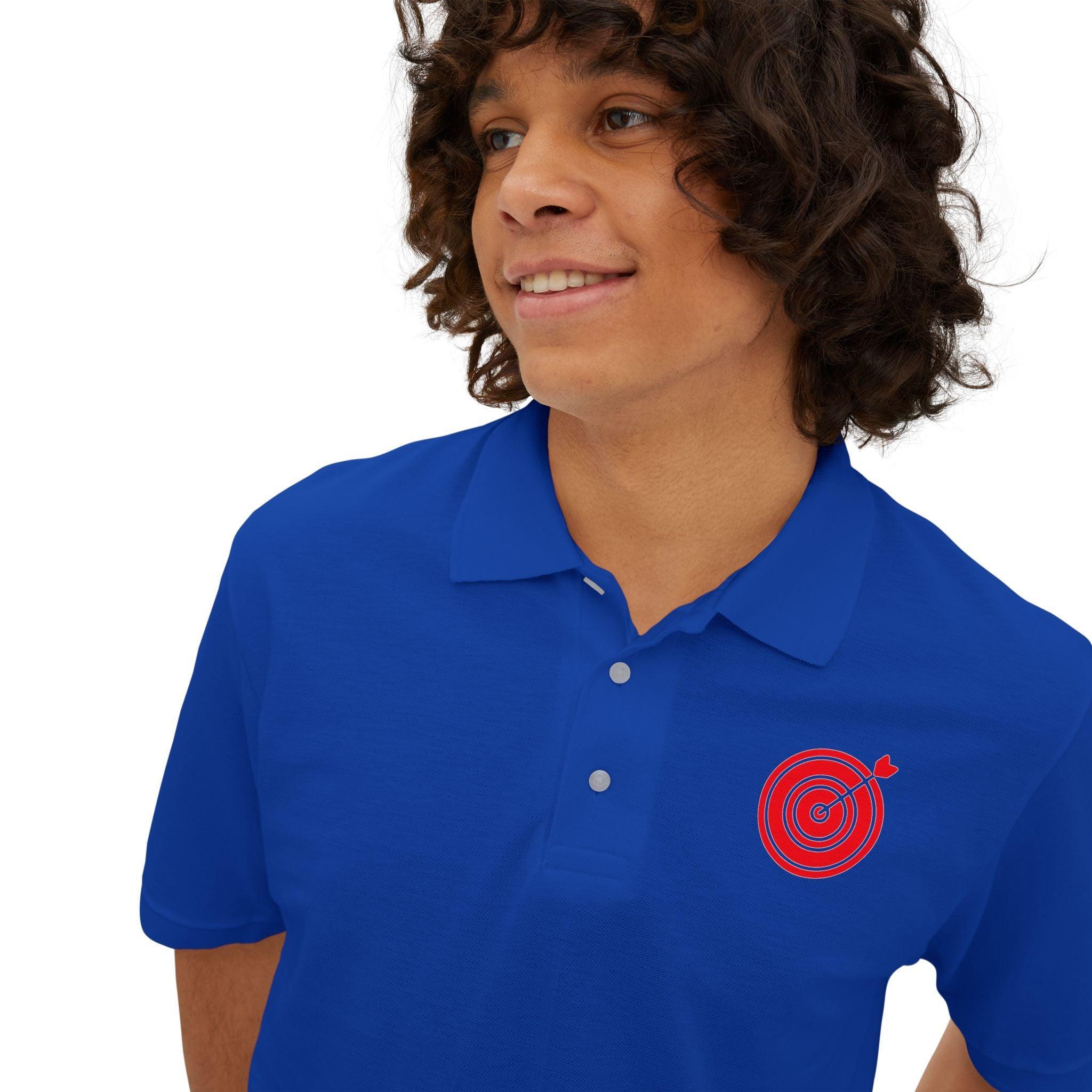 Target with arrow on back plus front pocket area - Men's Piqué Polo Shirt - Witty Twisters Fashions