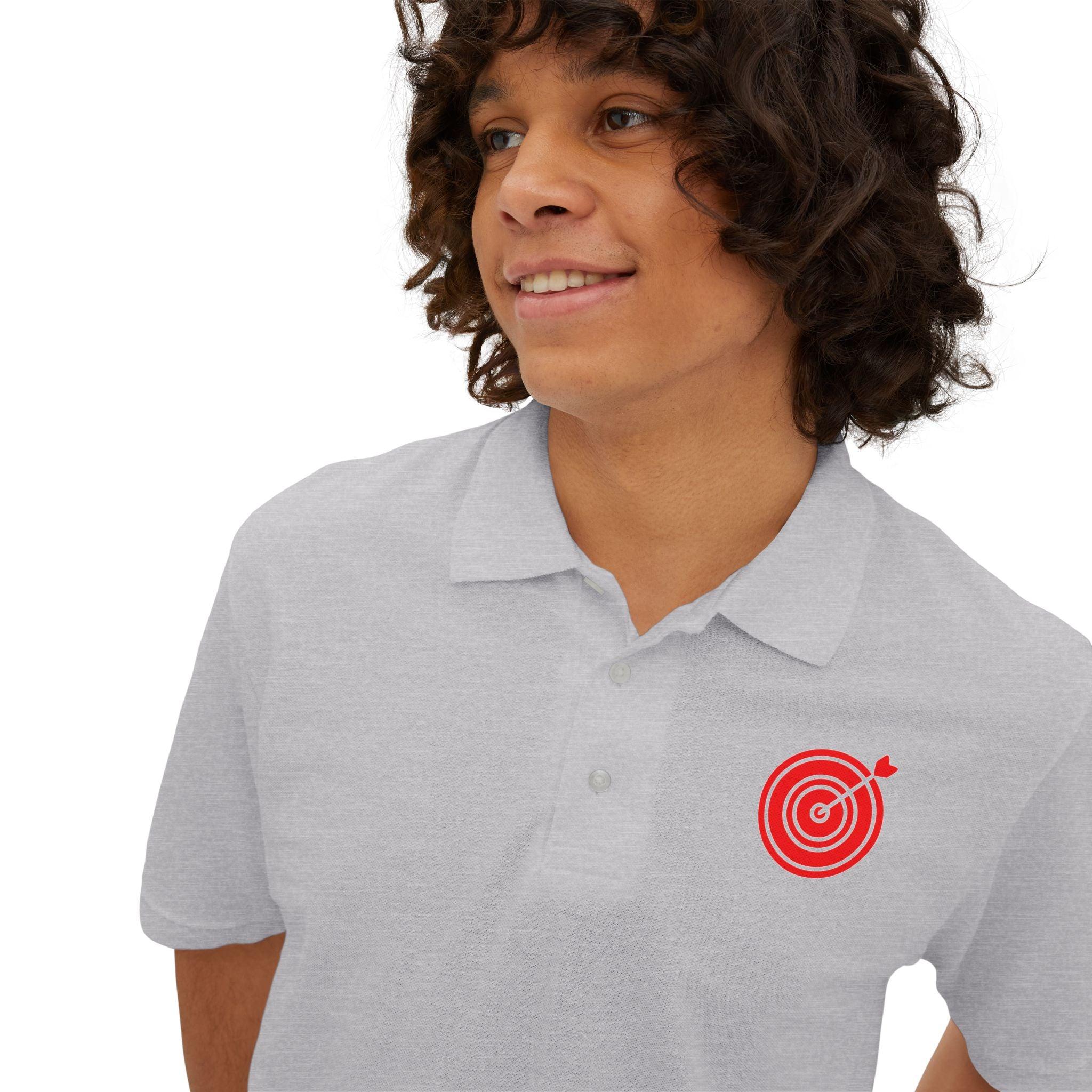 Target with arrow on back plus front pocket area - Men's Piqué Polo Shirt - Witty Twisters Fashions