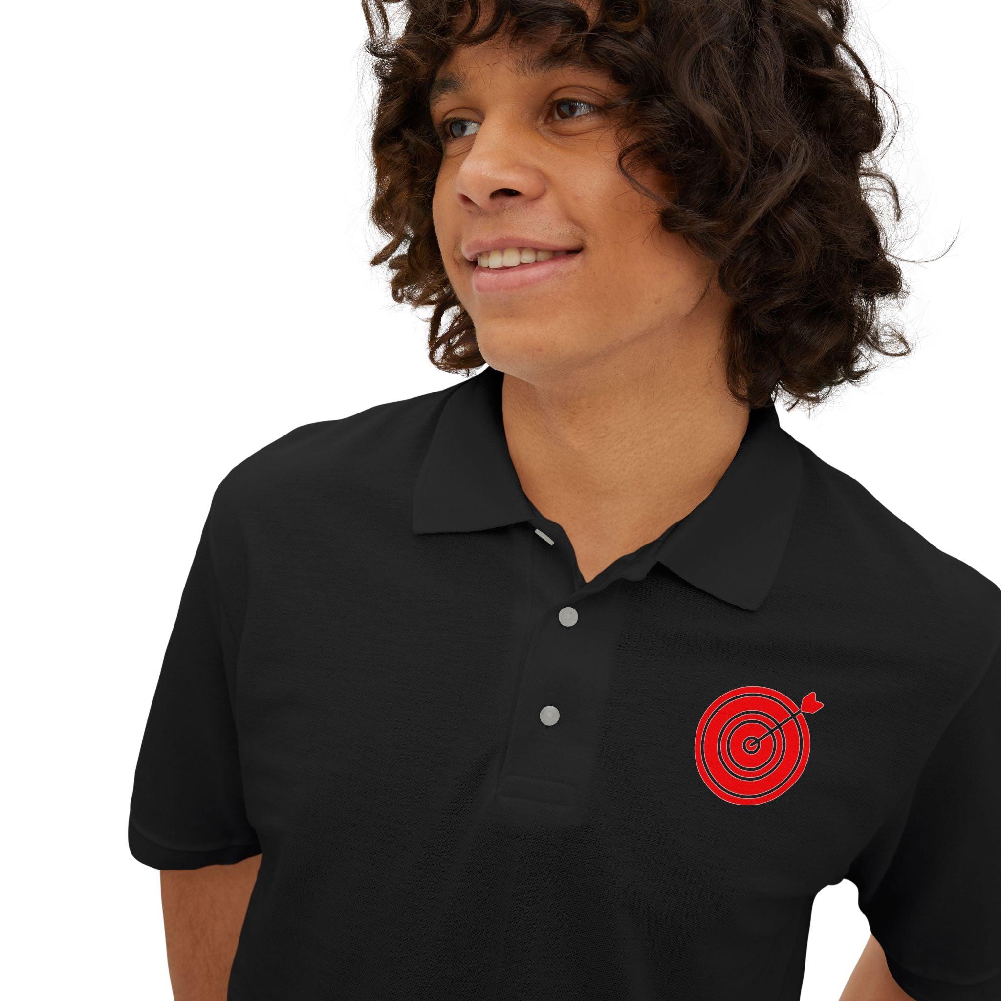 Target with arrow on back plus front pocket area - Men's Piqué Polo Shirt - Witty Twisters Fashions