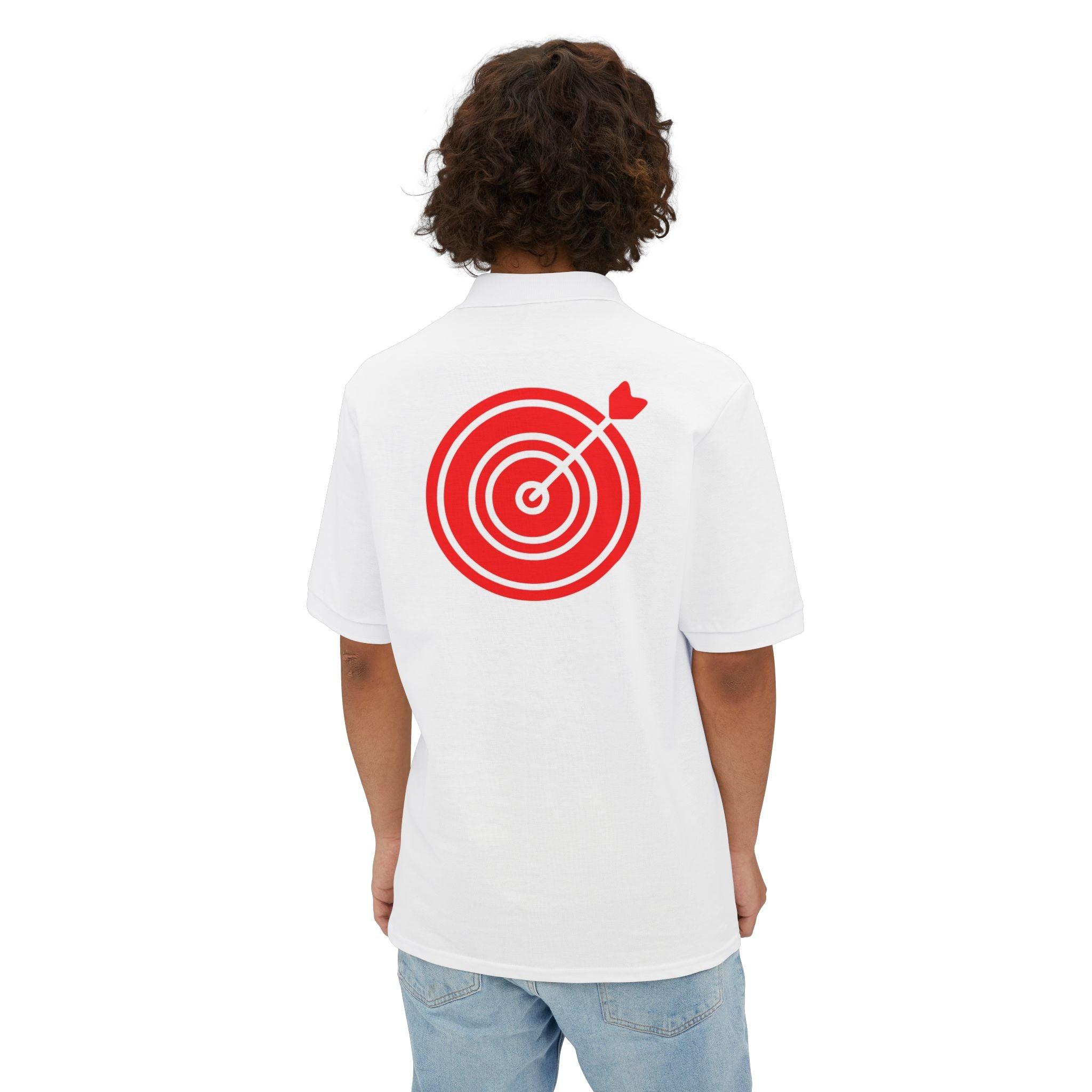 Target with arrow on back plus front pocket area - Men's Piqué Polo Shirt - Witty Twisters Fashions