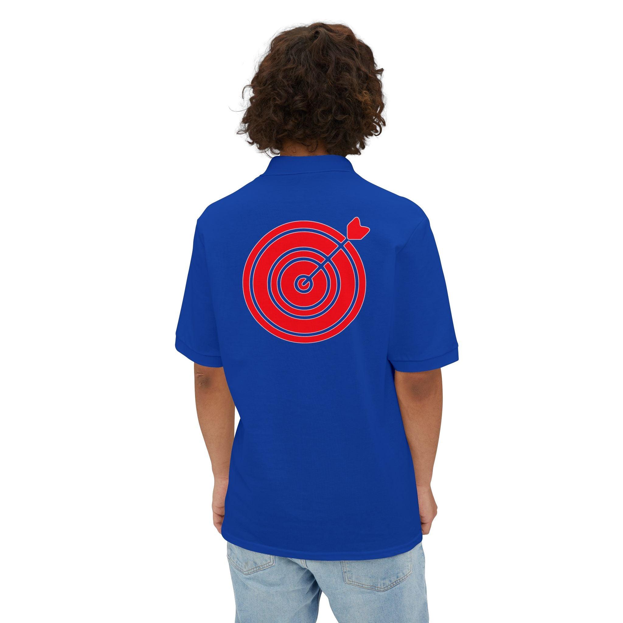 Target with arrow on back plus front pocket area - Men's Piqué Polo Shirt - Witty Twisters Fashions