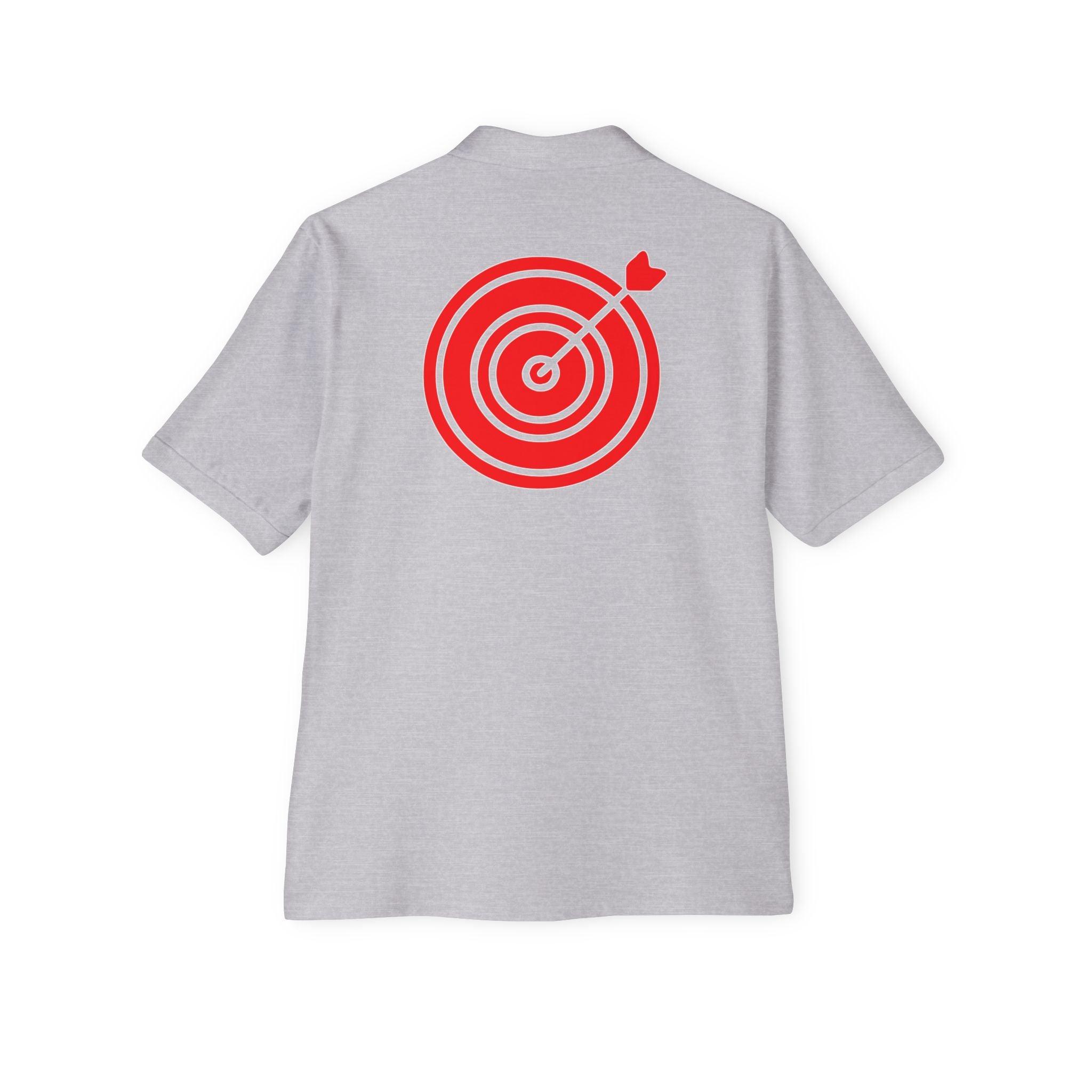 Target with arrow on back plus front pocket area - Men's Piqué Polo Shirt - Witty Twisters Fashions