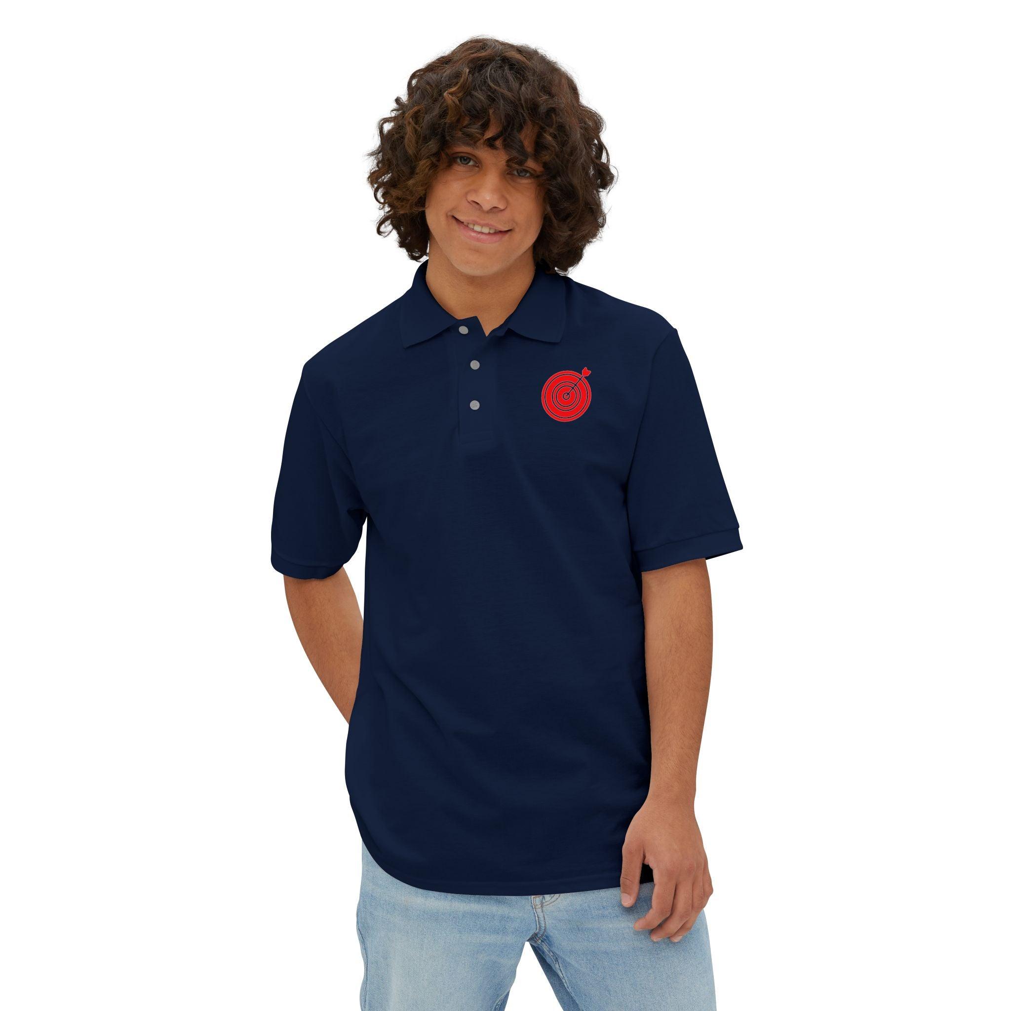 Target with arrow on back plus front pocket area - Men's Piqué Polo Shirt - Witty Twisters Fashions