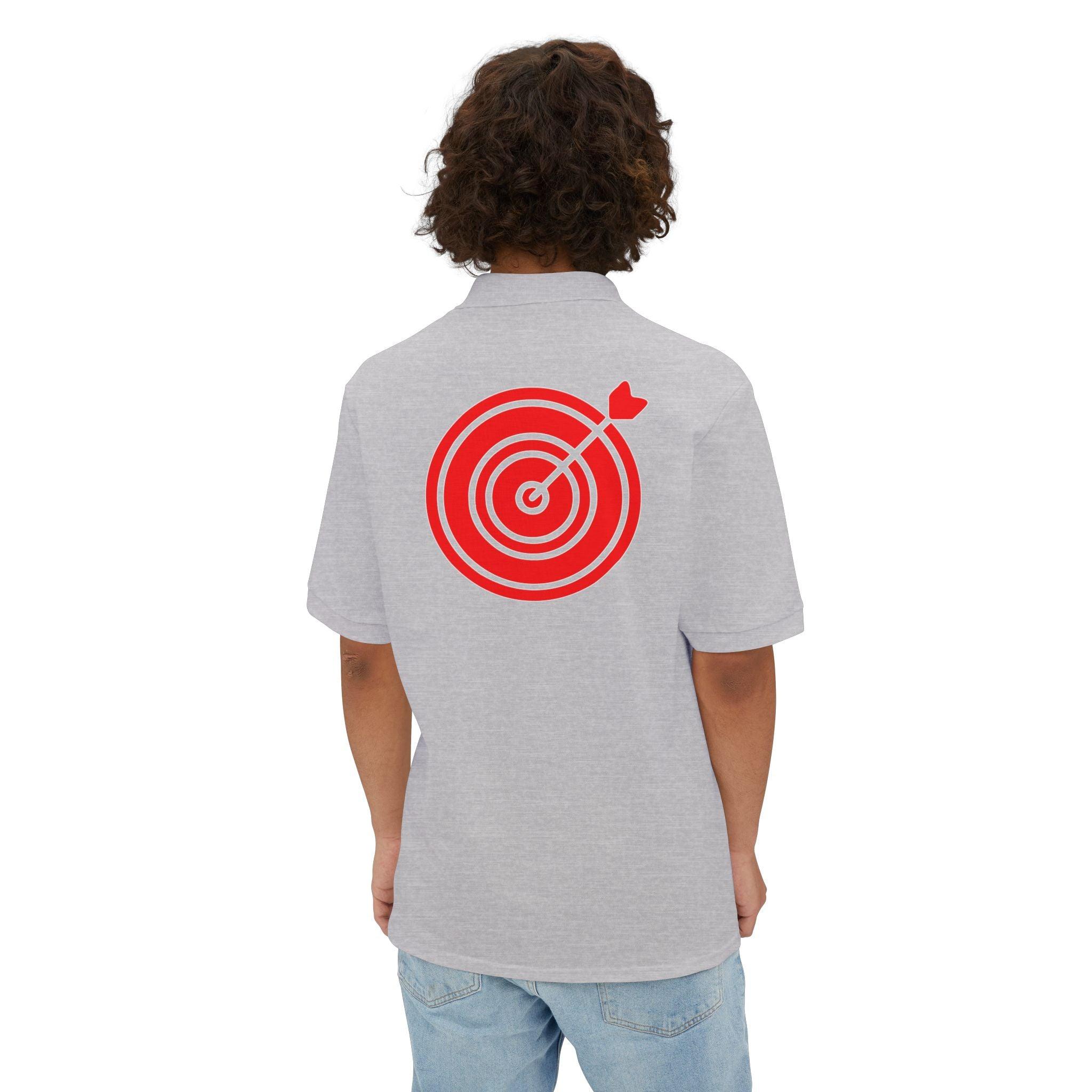 Target with arrow on back plus front pocket area - Men's Piqué Polo Shirt - Witty Twisters Fashions